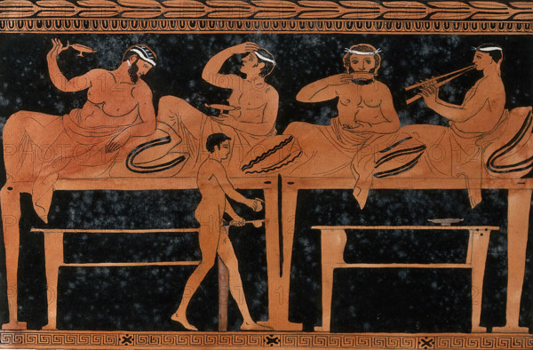 An episode on a Greek red-figured wine-mixing bowl (bell-krater): four reclining..., 1760-9. Creator: Augustin Dahlsteen.