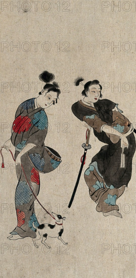 A Japanese woman taking a dog for a walk compared with an effeminate samurai, between 1800 and 1899. Creator: Unknown.