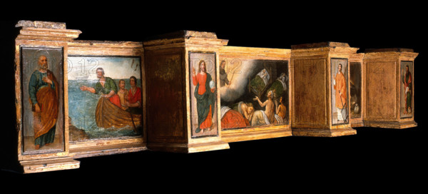 Predella with three scenes of St Roch, and figures of St Peter, Christ as Salvator Mundi... Creator: Unknown.