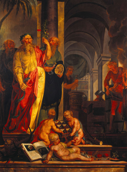 Aesculapius and other ancients are presented with exotic materia medica from the far east...1791. Creator: Johannes Prey.