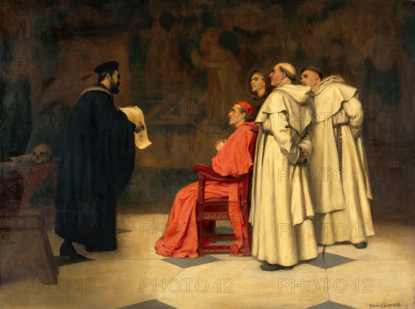 Gabriel Falloppius [Fallopius] explaining one of his discoveries to the Cardinal Duke of Ferrara. Creator: Francis Barraud.