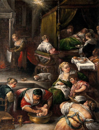 The birth of the Virgin. Creator: Bassano, Francesco da Ponte, 1549-1592 (Follower of).