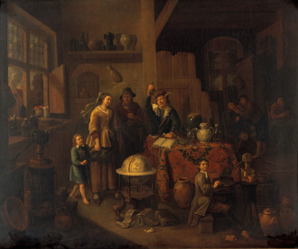 A man examining a urine flask. Creator: Bossche, Balthasar van den, 1681-1715 (After).