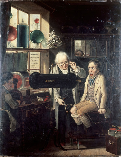 Dispensing of medical electricity (electrotherapy), 1824. Creator: Edmund Bristow.