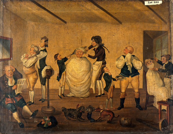 A barber's shop, 1784. Creator: Bunbury, Henry William, 1750-1811 (After).