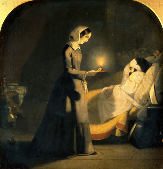 Florence Nightingale as the lady with the lamp. Creator: J. Butterworth.