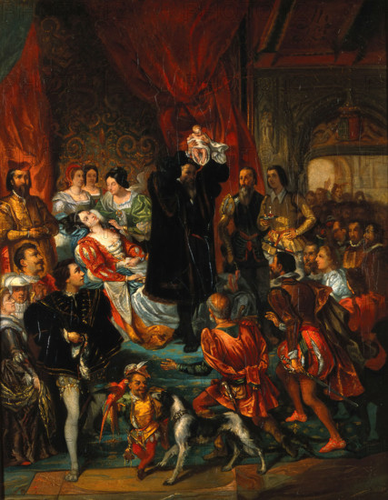 The birth of Henri IV at the castle of Pau, 1800-1899. Creator: Eugene Deveria.