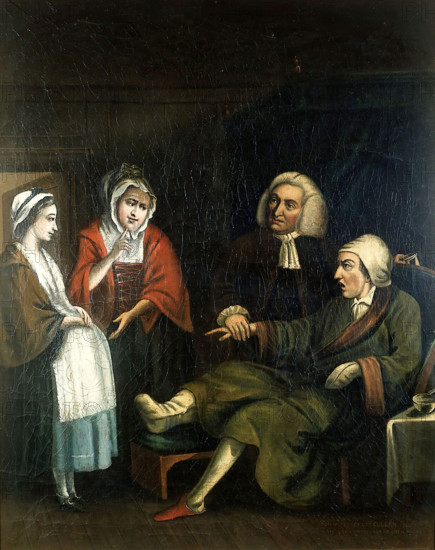 A physician (William Cullen?) taking the pulse of a gouty bachelor..., c1770s. Creator: Unknown.
