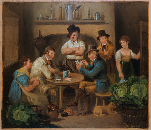 Interior with two men playing cards and four other figures. Creator: Stephen Jenner.