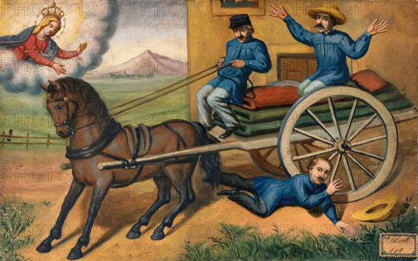 A man praying to the Virgin as he is run over by a horse-drawn cart carrying textiles. Creator: Unknown.