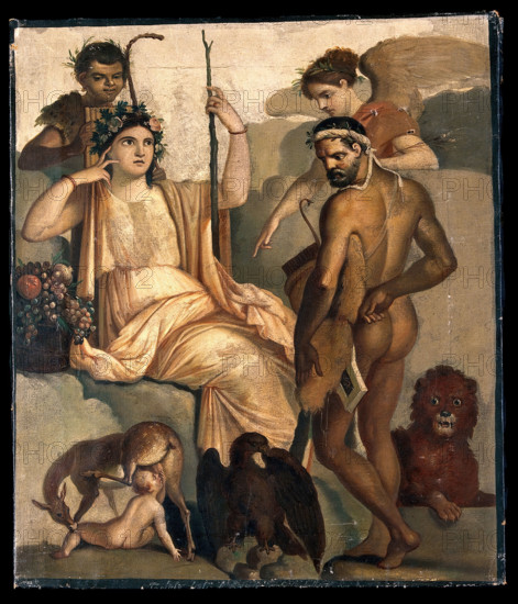 Telephus being suckled by a doe, with Minerva and Hercules. After a fresco. Creator: Unknown.