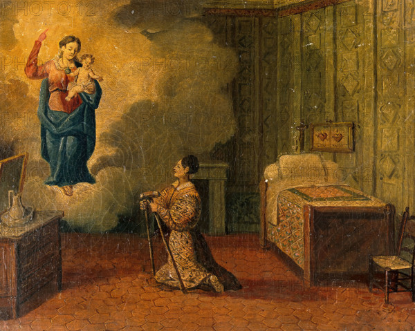 Votive picture: a woman kneeling with crutches, praying to the Virgin and Child. Creator: Unknown.