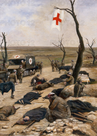 World War I: an advanced dressing-station by the roadside. Creator: Francis Barraud.