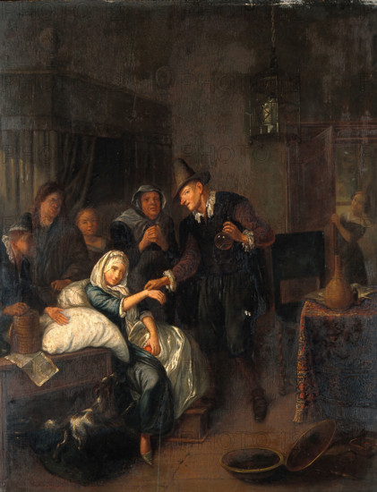 A medical practitioner taking a girl's pulse and holding a flask of her urine, with four other... Creator: Brakenburg, Richard, 1650-1702 (After).