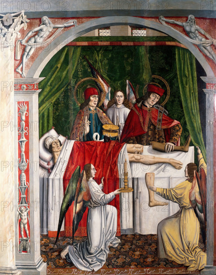 A verger's dream: Saints Cosmas and Damian performing a miraculous cure by transplant..., 1495. Creator: Master of Balbases.