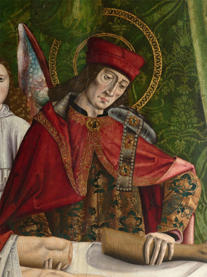 A verger's dream: Saints Cosmas and Damian performing a miraculous cure by transplant..., 1495. Creator: Master of Balbases.