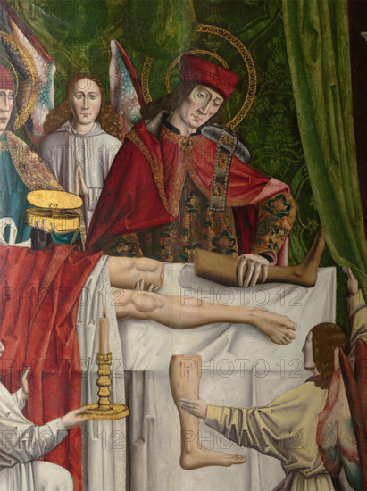 A verger's dream: Saints Cosmas and Damian performing a miraculous cure by transplant..., 1495. Creator: Master of Balbases.
