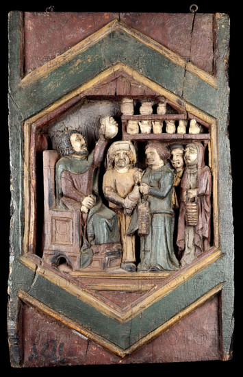 A medical practitioner examining urine brought by his patients. Painted relief after Nino Pisano.. Creator: Pisano, Nino, approximately 1315-approximately 1368 (After).