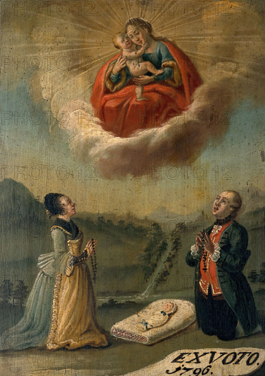 A man and a woman praying to the Virgin and Child for the life of their swaddled baby, 1796. Creator: Unknown.