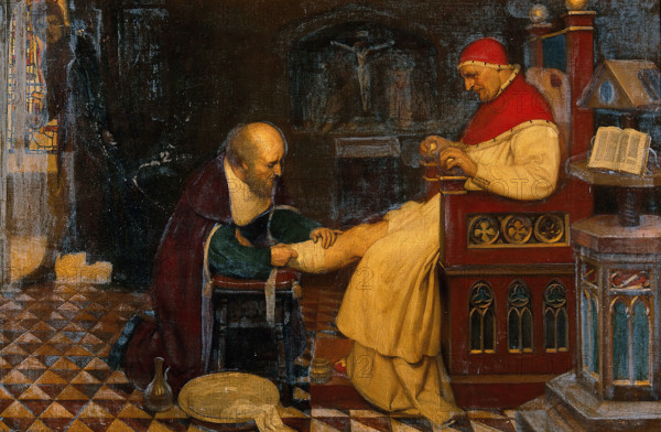 Guy de Chauliac bandaging the leg of Pope Clement VI at Avignon, while Petrarch..., c1348, 1931. Creator: Ernest Board.