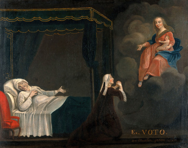 A sick man in bed, a woman praying to the Virgin and Child, c1750s. Creators: Unknown, Du Moulin.