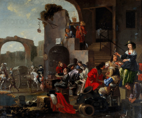 A barber and a surgeon attending to soldiers, c1680s. Creator: Unknown.