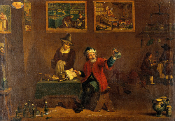 A man examining a urine flask, c1680s. Creator: Follower of David Teniers II.