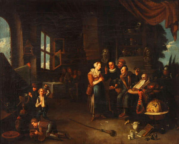 A physician examining a urine-flask, c1700. Creator: Gerard Thomas.