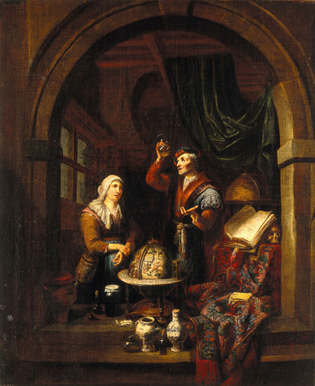 A physician examining a urine-flask, c1700. Creator: Gerard Thomas.