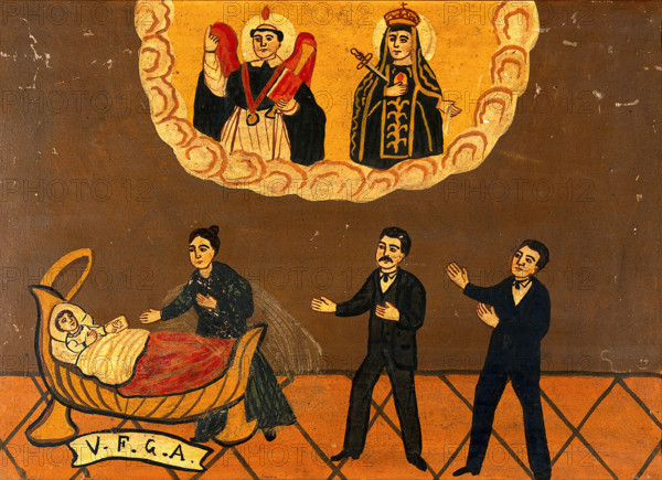 Two men and a woman praying for the health of a child, c1890. Creator: Unknown.