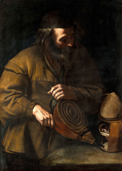 An alchemist applying bellows to a fire beneath a retort, 18th (?) century. Creator: Unknown.