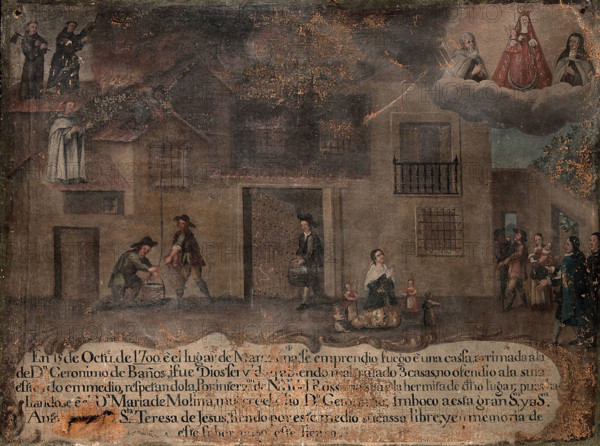 The house of Don Geronimo de Baños being rescued from fire by the Virgin, St Anthony...1700, 1700. Creator: Unknown.