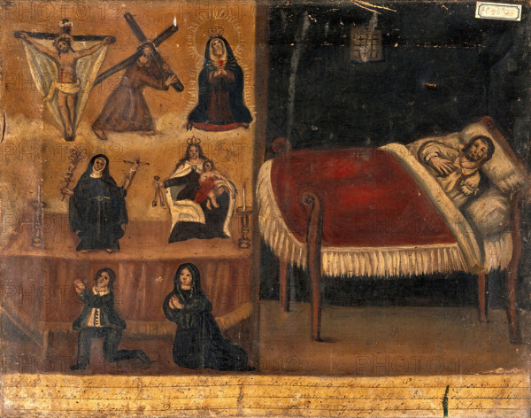 Pedro Diaz Platas with a broken arm (?), his wife (?) and son praying for him after an...1861. Creator: Unknown.