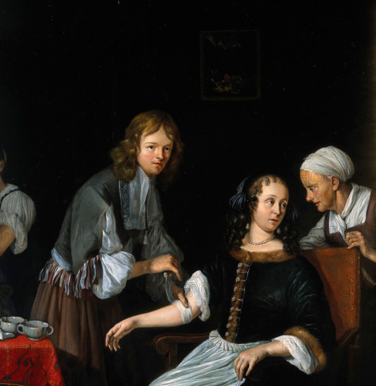 A surgeon binding up a woman's arm after bloodletting, c1700s. Creator: Jacob Toorenvliet.