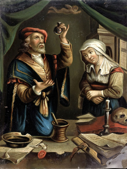 A physician examining a flask of urine brought by a young woman, c1670s. Creator: Unknown.