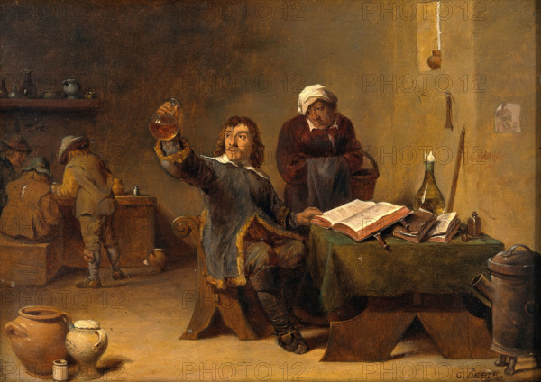 A medical practitioner examining a urine flask, c1680s. Creator: Follower of David Teniers II.