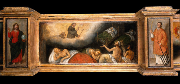 Predella with three scenes of Saint Roch, and figures of Saint Peter, Christ as..., c1580- 1620. Creator: Unknown.