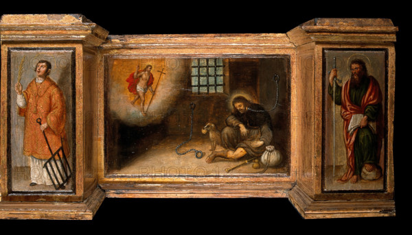 Predella with three scenes of Saint Roch, and figures of Saint Peter, Christ as..., c1580?- 1620?. Creator: Unknown.