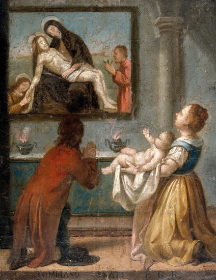A man and a woman holding a baby before an altar, 18th (?) century. Creator: Unknown.