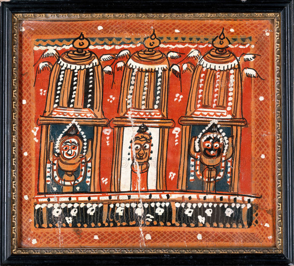 Balarama, Subhadra and Jagannath in three shrines surmounted by winged domes, c1880/1910. Creator: Unknown.