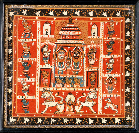 Balarama, Subhadra and Jagannath in the temple at Puri, with other figures in a..., c1880/1910. Creator: Unknown.
