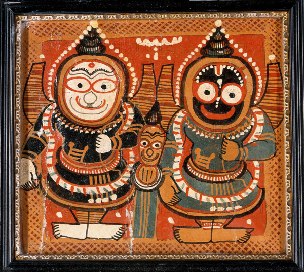 Balarama and Jagannath holding bows in their left hands, with Subhadra between them, c1880/1910. Creator: Unknown.