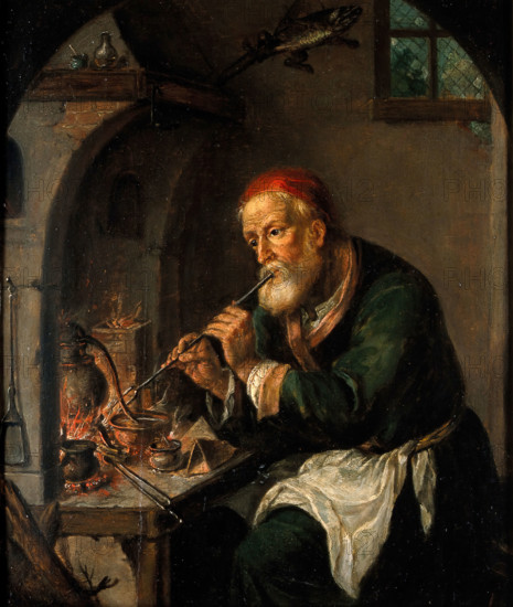 An alchemist blowing on a fire to heat a still, c1750s. Creator: Christian Wilhelm Ernst Dietrich.