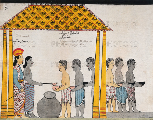 The representative of the people of Jetuttara gives alms to the poor in the victualling rooms, 1815. Creator: Unknown.