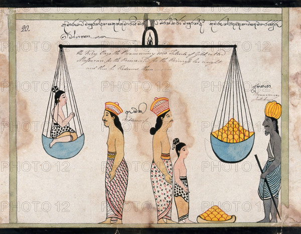 King Sanjaya redeems the children of Vessantara, paying to the brahmin the weight of the..., 1815. Creator: Unknown.