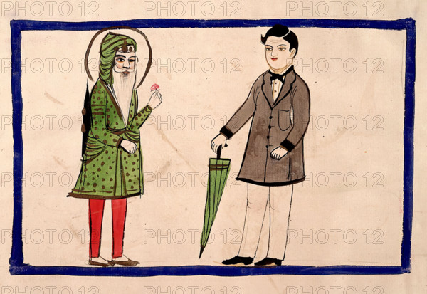 Two men, one in Punjabi dress, one in European dress. Creator: Unknown.