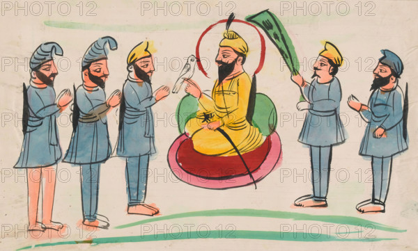A man seated with Sikh worshippers. Creator: Unknown.