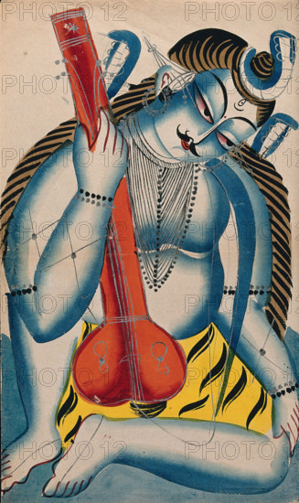 An intoxicated Shiva holding a sitar or tambura in the form of a lingam. Creator: Unknown.