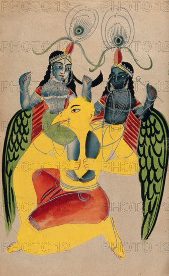 Garuda carrying two identical figures possibly Krishna and Balarama. Creator: Unknown.