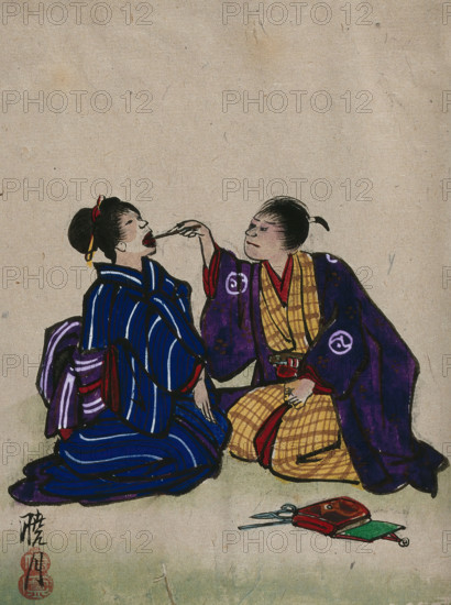 A doctor examining a woman's mouth; doctor and patient are kneeling on the floor, 1830. Creator: Unknown.